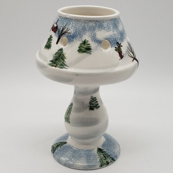 Elements Small Ceramic Spongeware Winter Skiing Trees Scene Tealight Candle Lamp - Picture 9 of 12